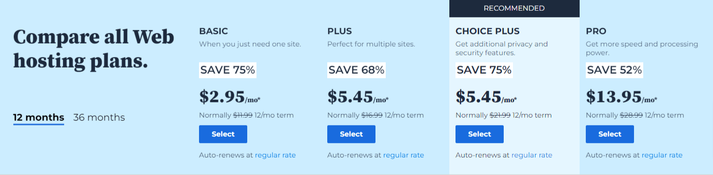 Bluehost website hosting pricing