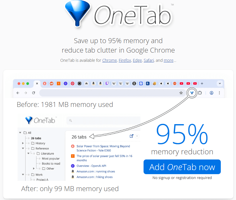 This image is about OneTab extension for a blog on "best chrome extensions for bloggers".